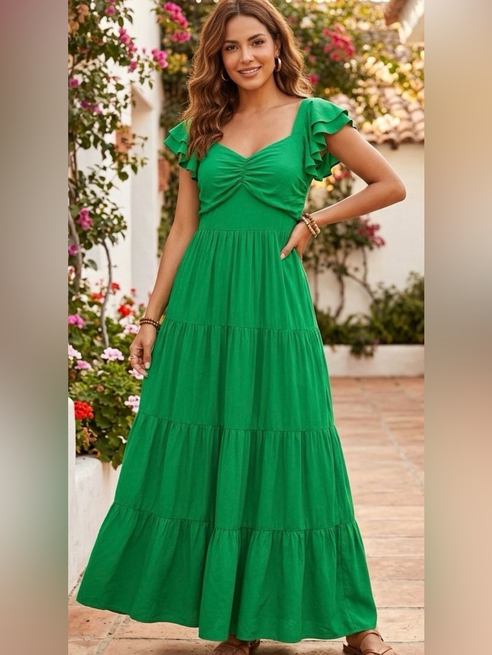 Flying Tomato Emerald Green Tiered Maxi Dress with Ruffle Sleeves
